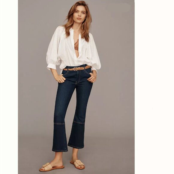 Brand New by Anthropologie Pilcro Kick Mid Rise Cropped Flared Dark Wash Jeans - Picture 1 of 11